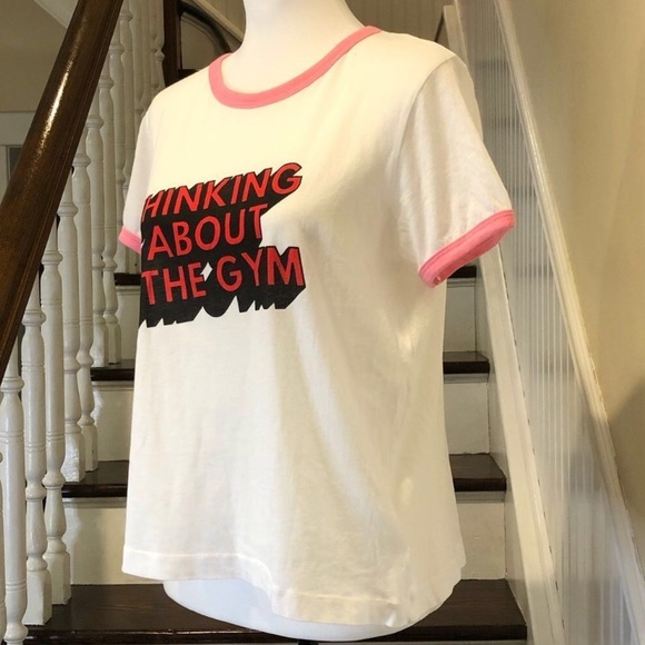 WILD FOX Pink Contrast Trim Thinking About Going To The Gym Slogan Tee Sz MD NWT - Picture 6 of 13